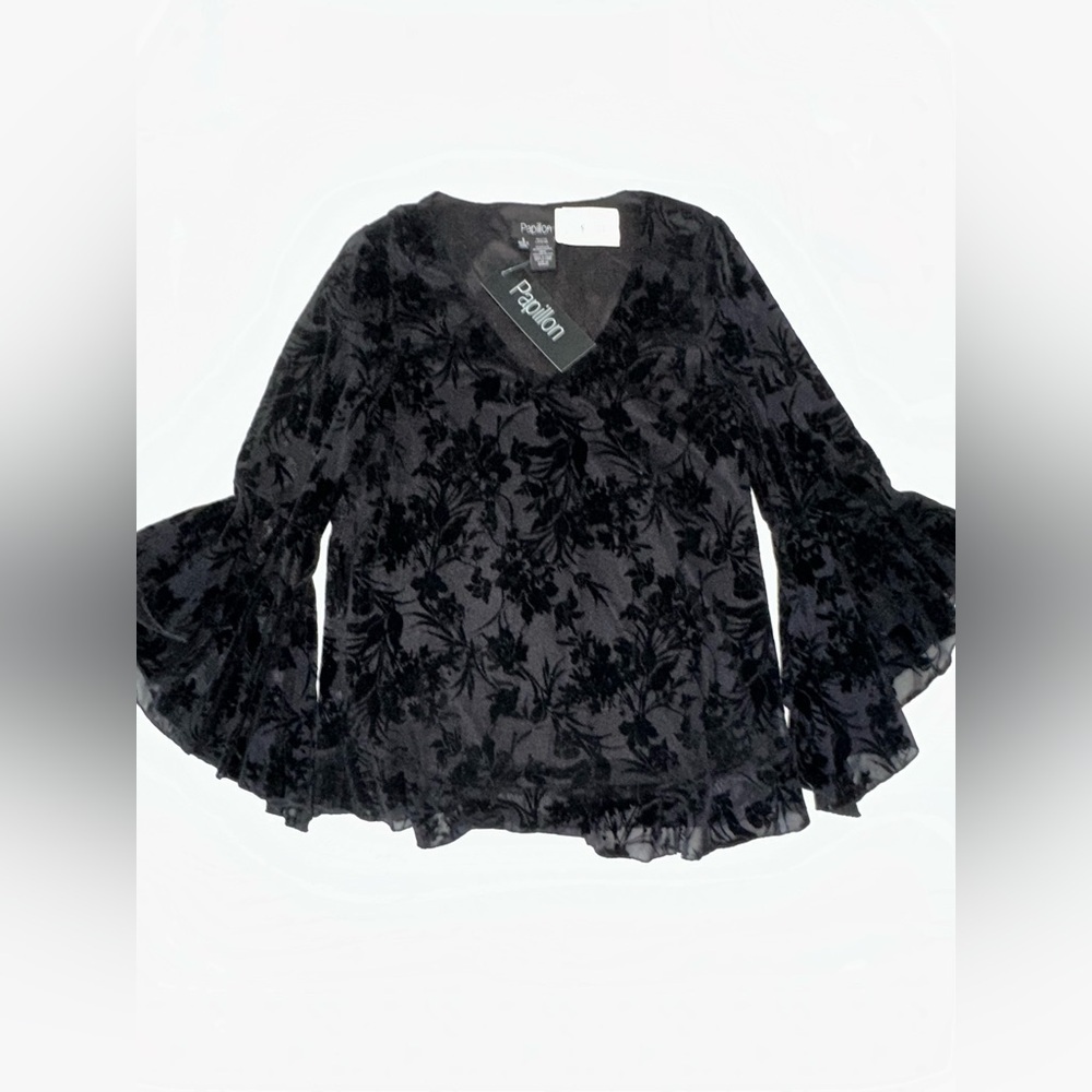New with Tags Crushed Velvet Filigree Blouse with Bell Sleeves Papillon